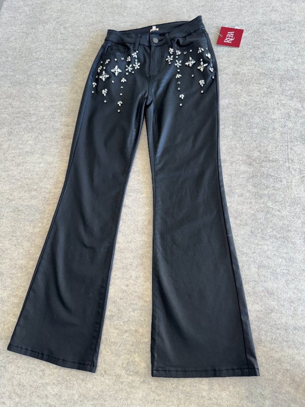 Reba Size 4 Black Rhinestone Embellished Flare Pants Faux Leather Coated Denim N